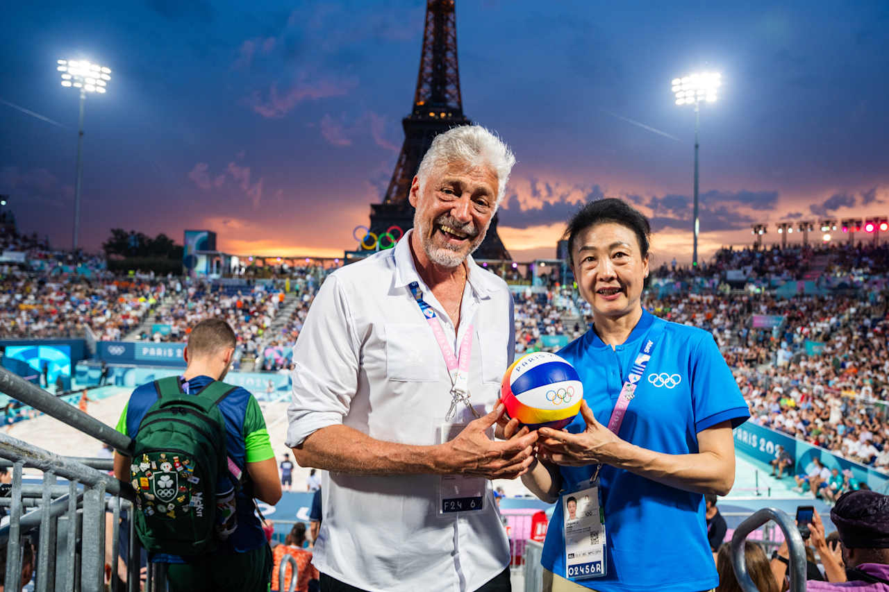 IOC Member Li Lingwei and and Marco Tullio Teixeira, FIVB Executive Vice-President at Paris 2024 Beach Volleyball