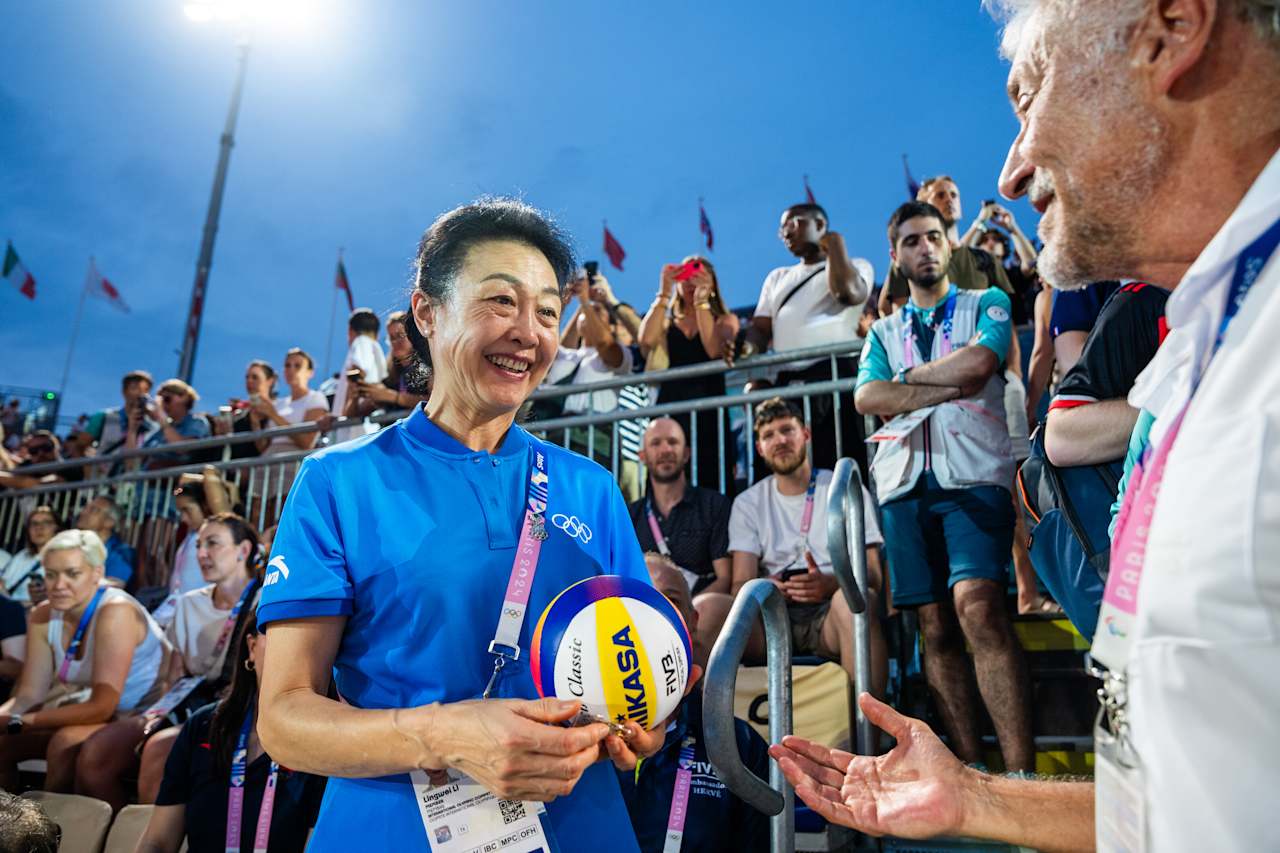 IOC Member Li Lingwei and and Marco Tullio Teixeira, FIVB Executive Vice-President at Paris 2024 Beach Volleyball