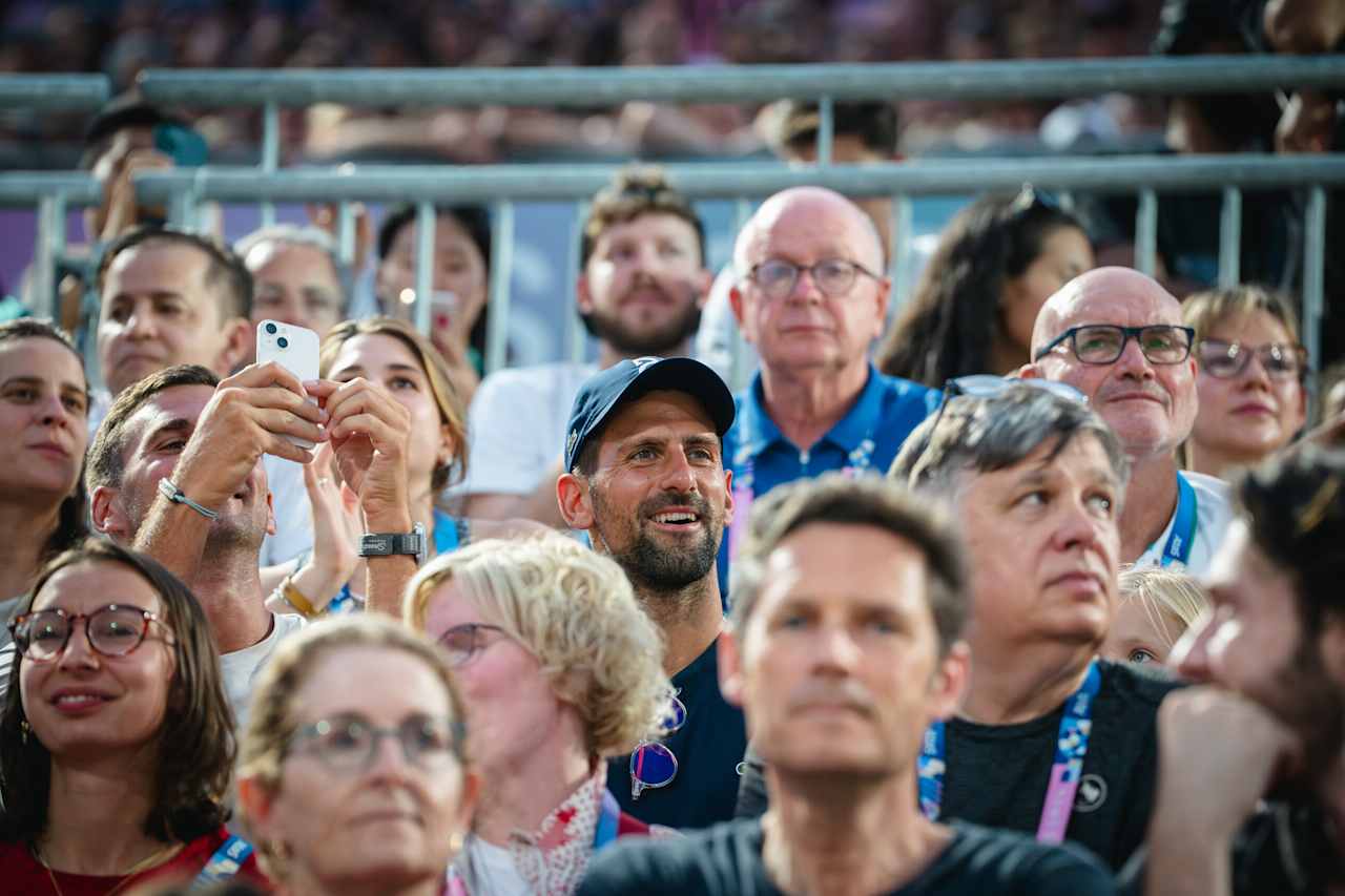 Serbian tennis player Novak Djokovic at Paris 2024 Beach Volleyball