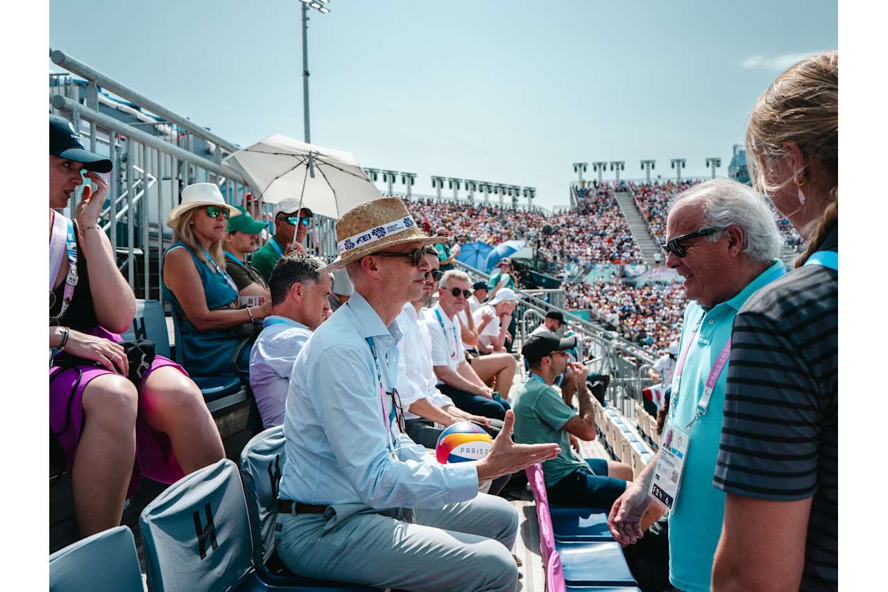 Franck Riester, the Minister Delegate for Foreign Trade and Economic Attractiveness of France together with FIVB Athlete Ambassador and Athletes’ Commission President Madelein Meppelink and Vicente Araujo, President of the Portuguese Volleyball Federation at Paris 2024 Beach Volleyball