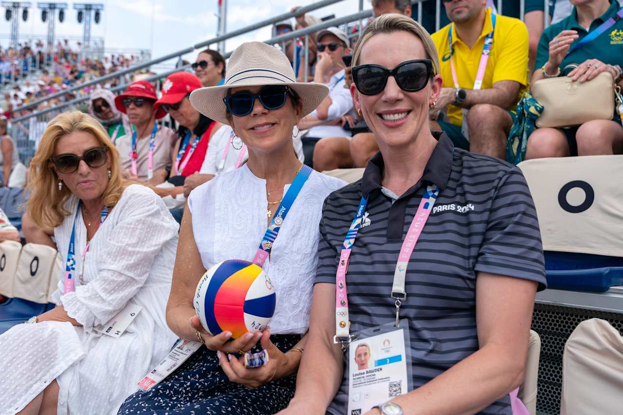 HRH Queen Mary of Denmark with FIVB Athlete Ambassador Louise Bawden at Paris 2024 Beach Volleyball