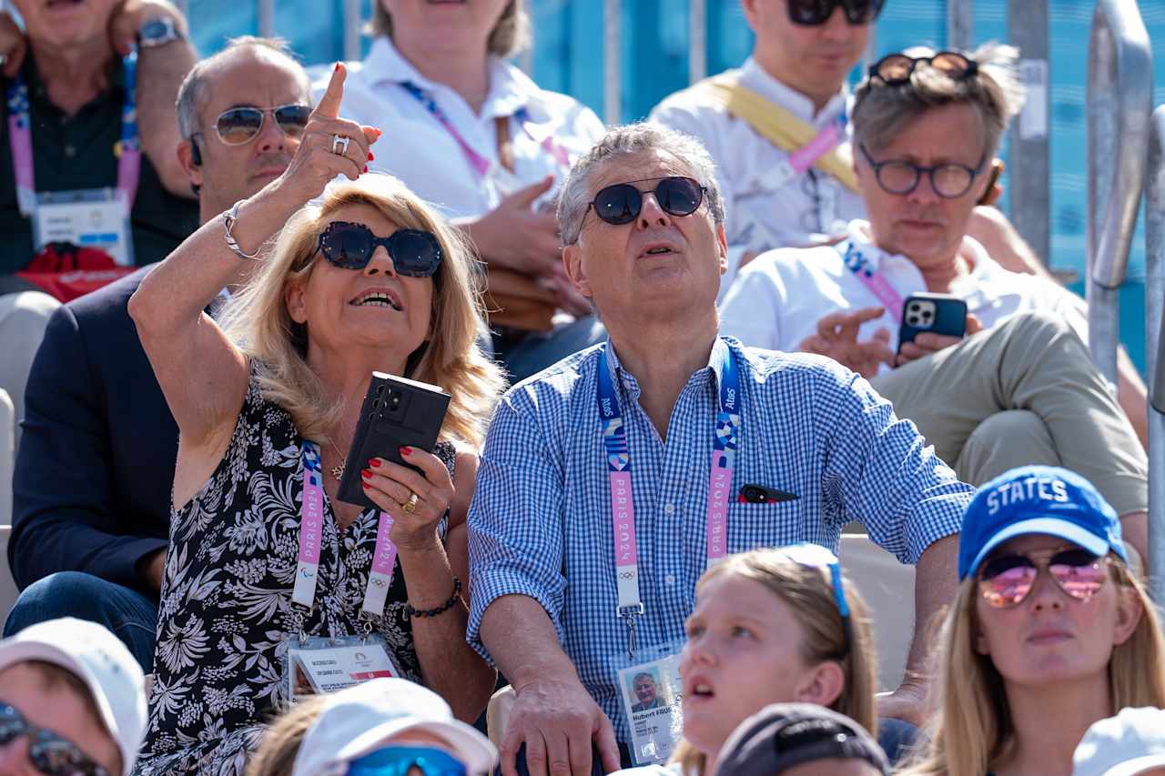 Dominique Faure, France’s Minister Delegate in charge of Territorial Collectivities and Rural affairs at Paris 2024 Beach Volleyball