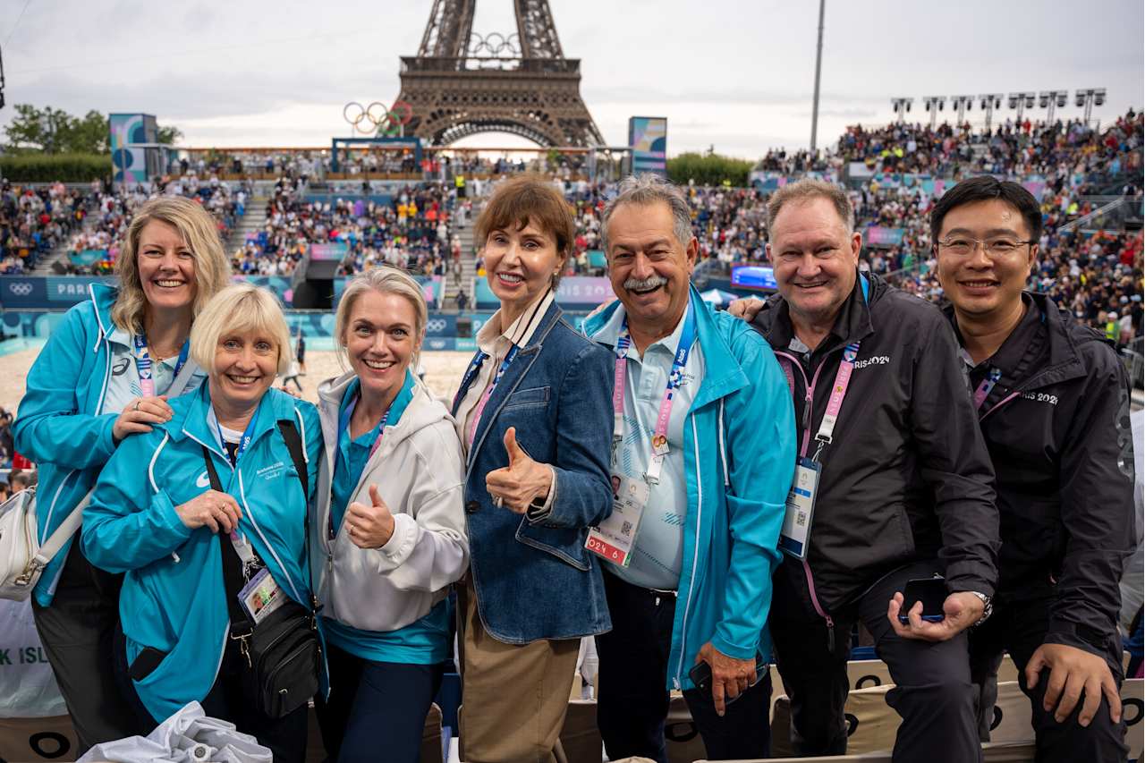 Brisbane 2032 Organising Committee President Andrew Liveris (third from the right) at Paris 2024 Beach Volleyball