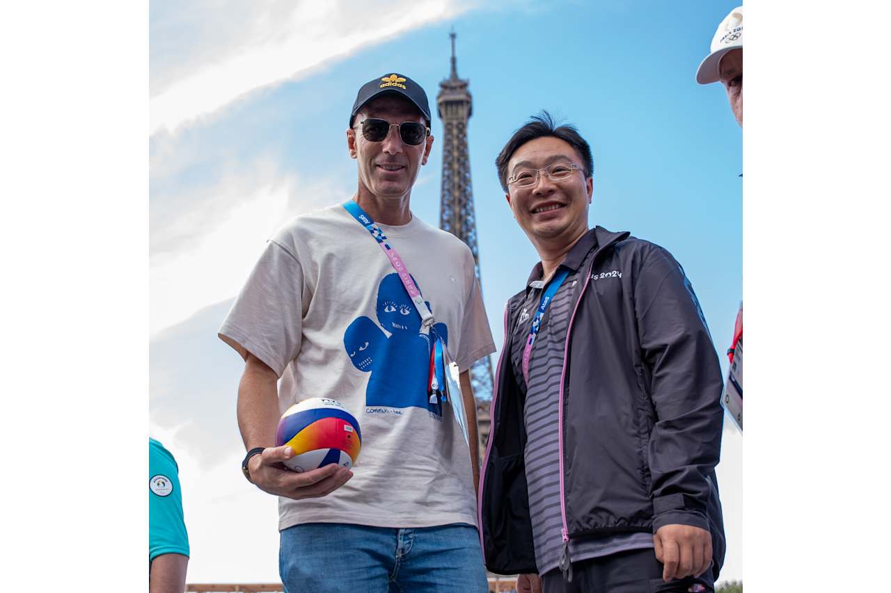 FFrench football player Zinedine Zidane at Paris 2024 Beach Volleyball