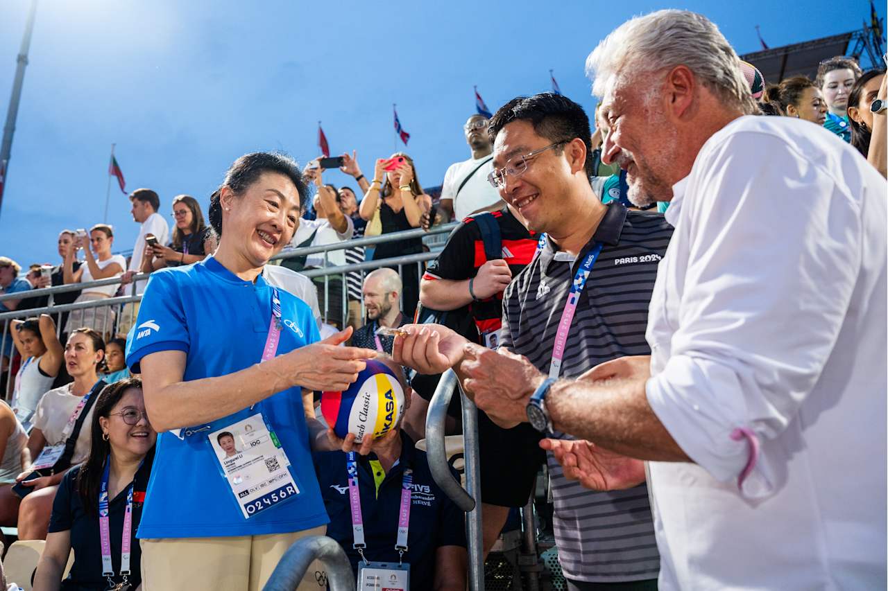 IOC Member Li Lingwei and and Marco Tullio Teixeira, FIVB Executive Vice-President at Paris 2024 Beach Volleyball