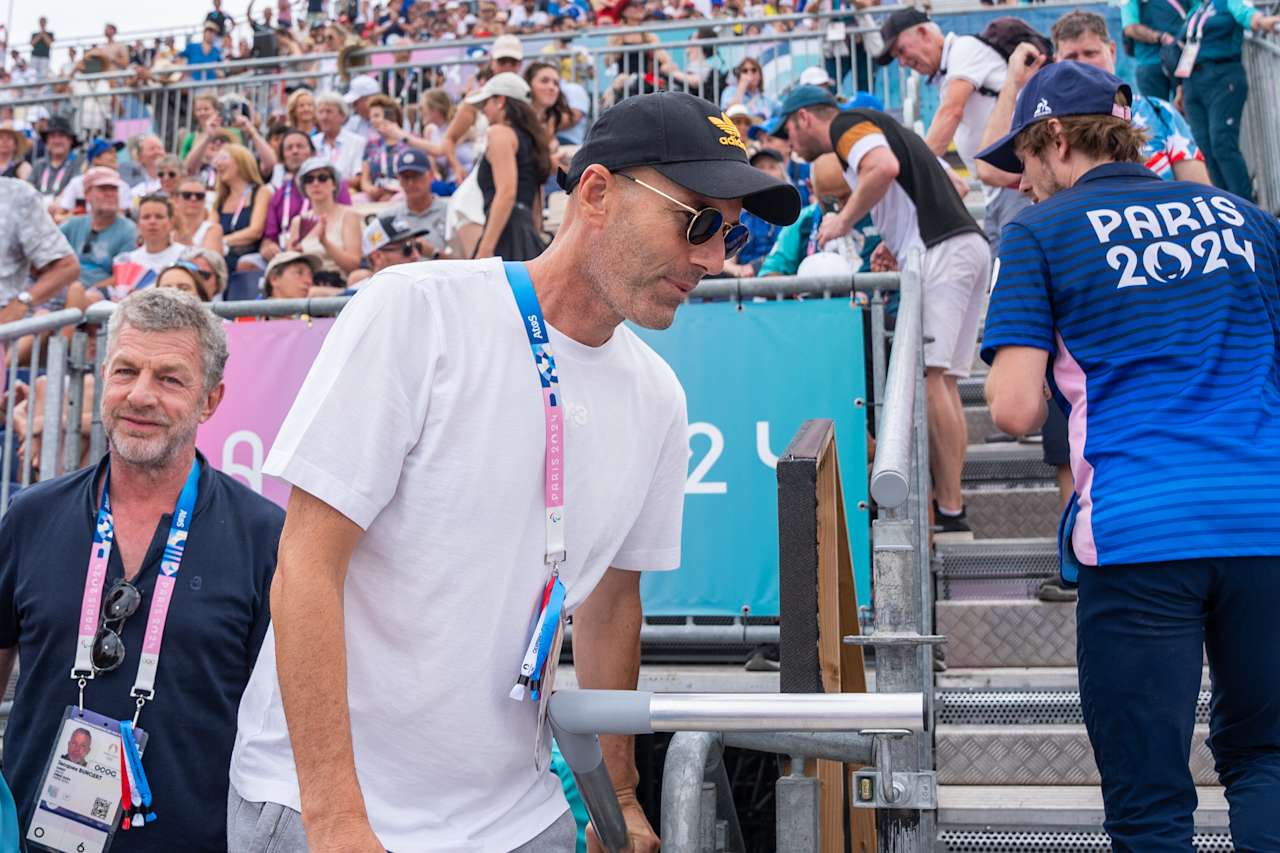 French football player Zinedine Zidane at Paris 2024 Beach Volleyball