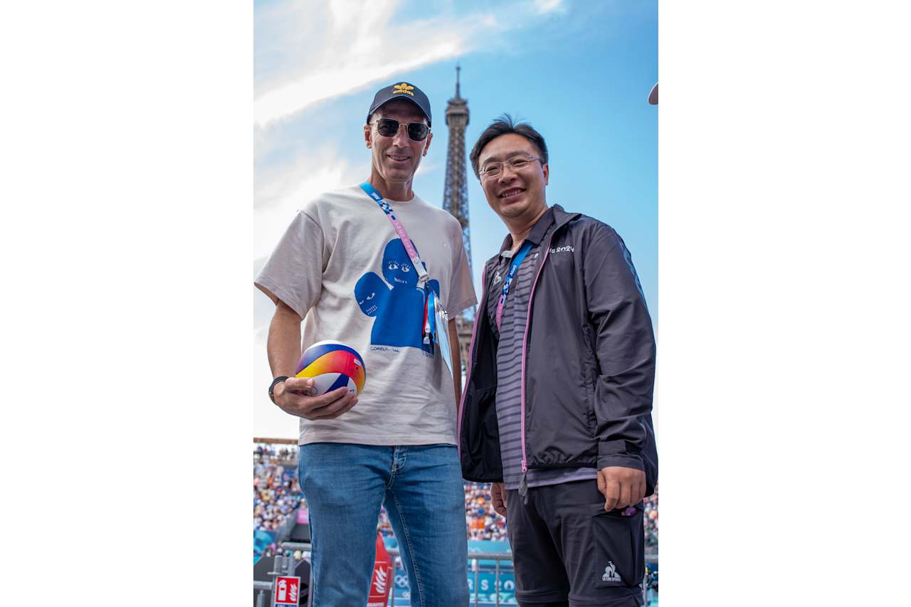 French football player Zinedine Zidane at Paris 2024 Beach Volleyball