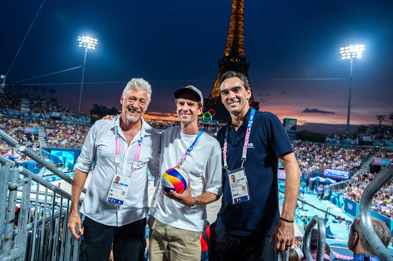 Sebastien Griesmar, director of Lausanne, the Olympic Capital and FIVB Athlete Ambassador Giba at Paris 2024 Beach Volleyball