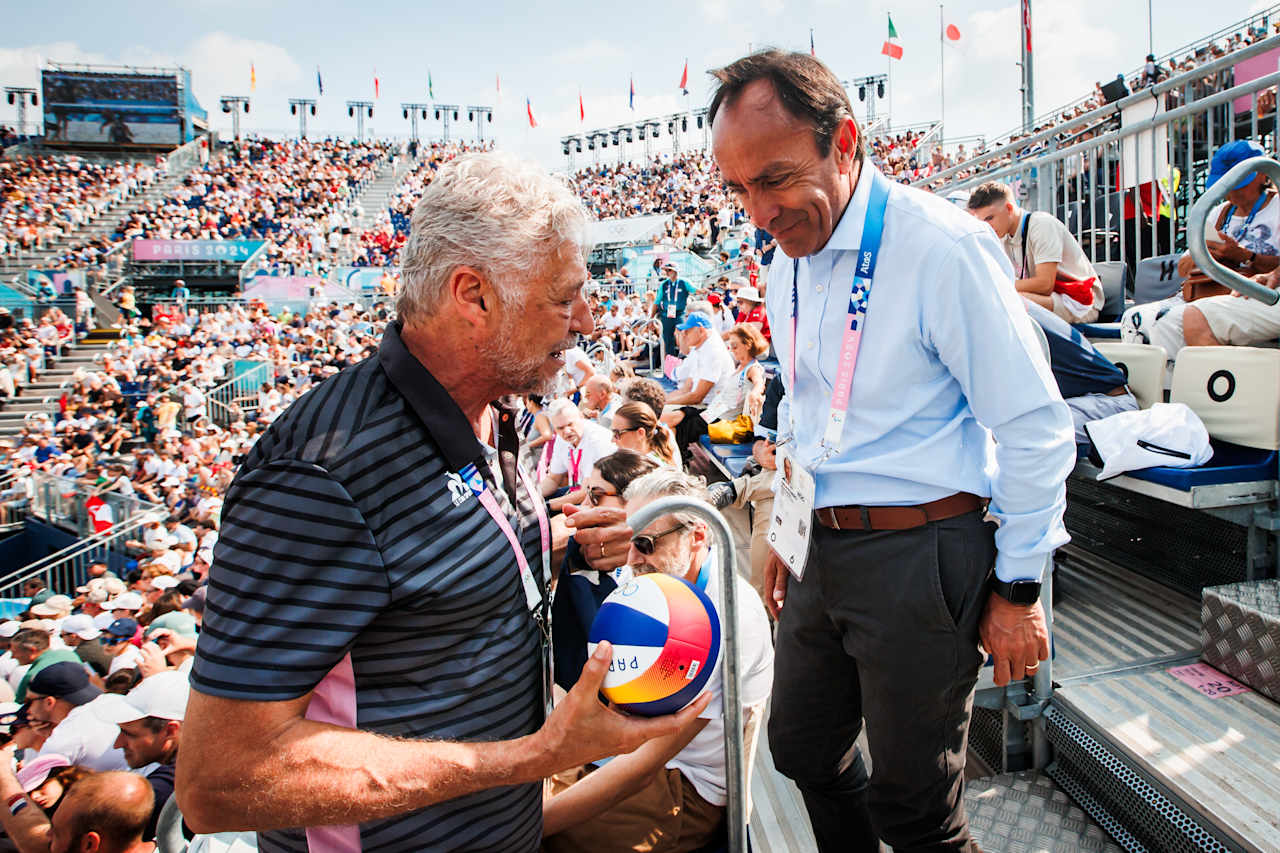 Chile Sports Minister Jaime Pizarro and CSV President Tullio Teixeria at Paris 2024 Beach Volleyball