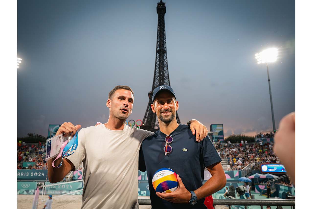 Serbian tennis player Novak Djokovic and his brother Marko at Paris 2024 Beach Volleyball