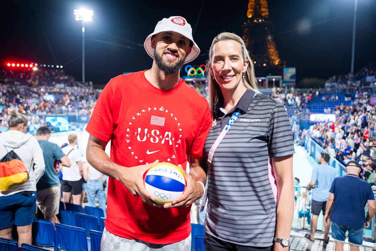 Team USA’s Derrick White and FIVB Athlete Ambassador and two-time Olympian, Louise Bawden at Paris 2024 Beach Volleyball