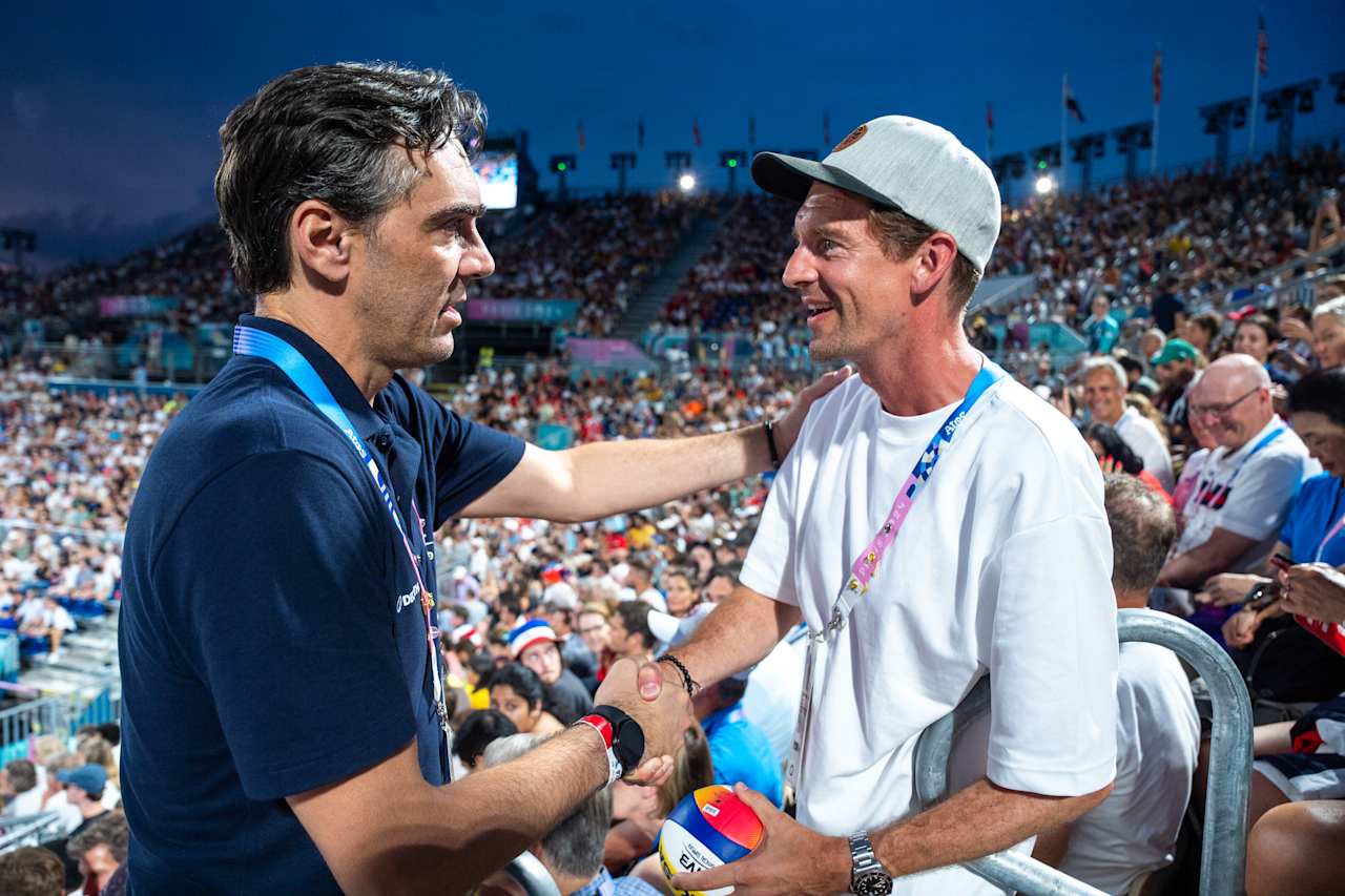 Sebastien Griesmar, director of Lausanne, the Olympic Capital and FIVB Athlete Ambassador Giba at Paris 2024 Beach Volleyball