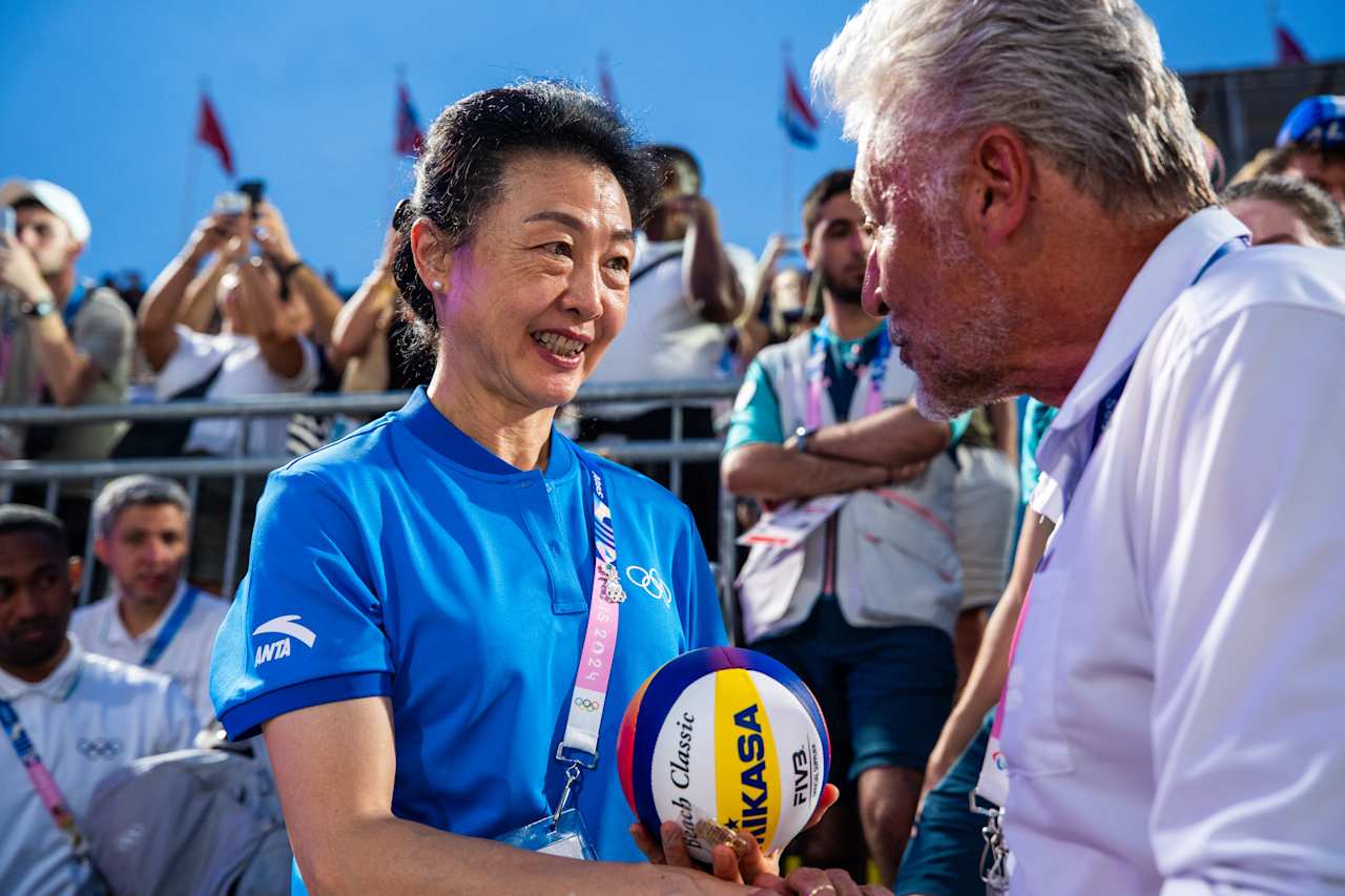 IOC Member Li Lingwei and and Marco Tullio Teixeira, FIVB Executive Vice-President at Paris 2024 Beach Volleyball