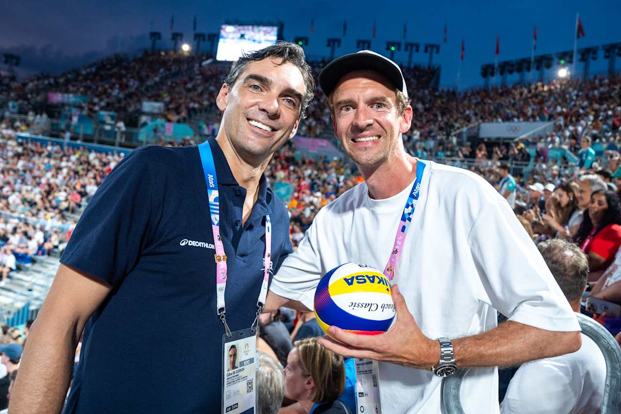 Sebastien Griesmar, director of Lausanne, the Olympic Capital and FIVB Athlete Ambassador Giba at Paris 2024 Beach Volleyball