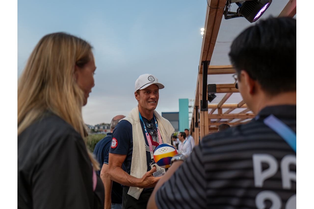 American football’s Greatest of All Time (GOAT) Tom Brady and FIVB Athlete Ambassador Madelein Mappelink  at Paris 2024 Beach Volleyball