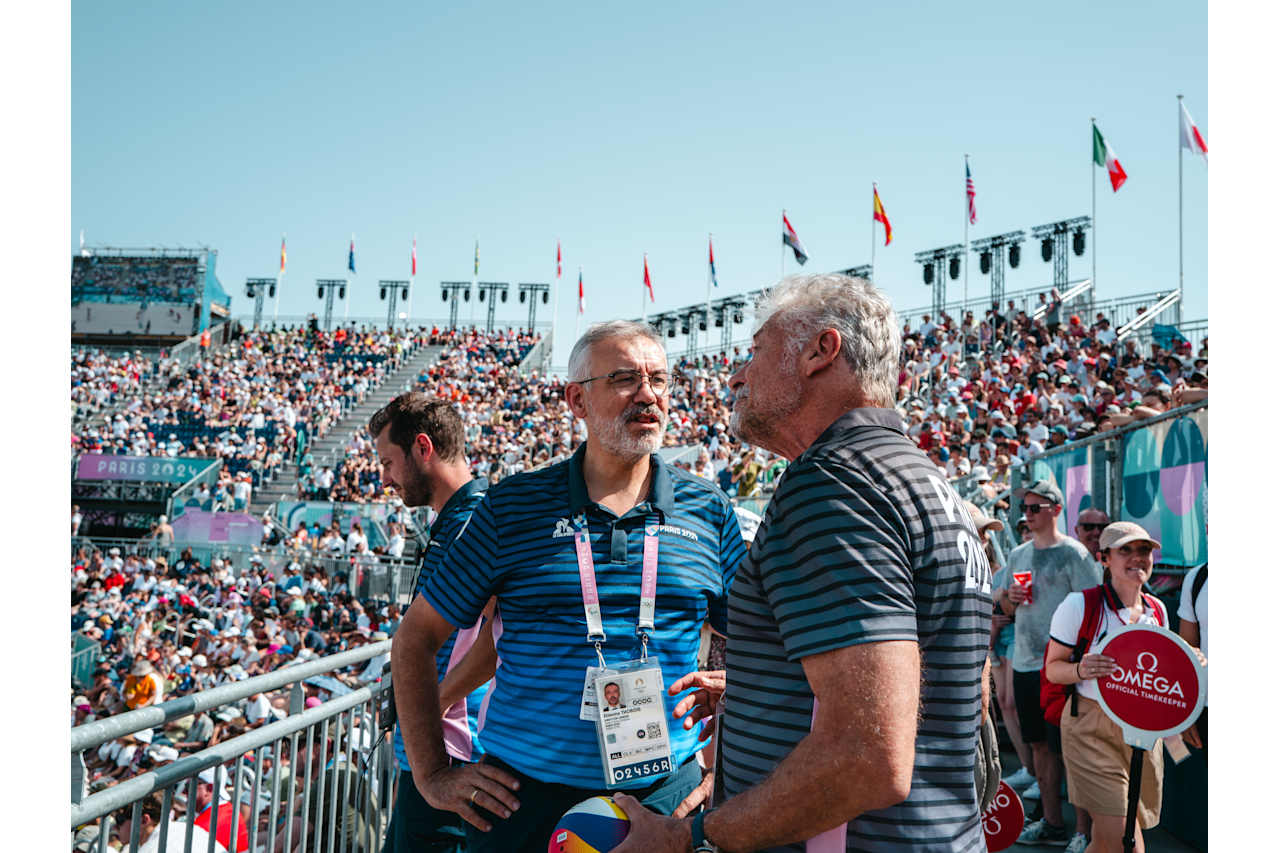 Paris 2024 CEO Etienne Thobois and CSV President Marco Tullio Teixera at Paris 2024 Beach Volleyball