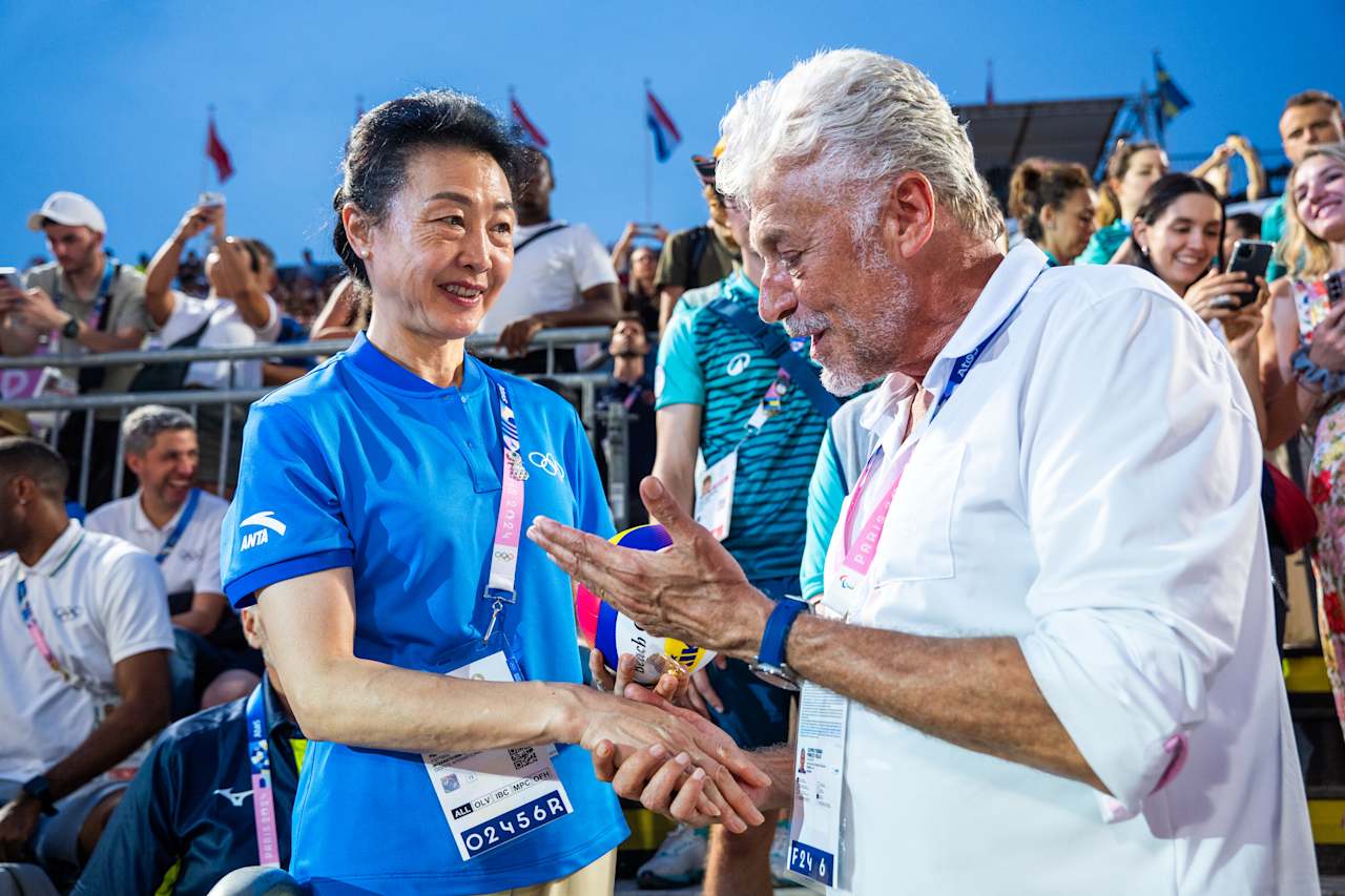 IOC Member Li Lingwei and and Marco Tullio Teixeira, FIVB Executive Vice-President at Paris 2024 Beach Volleyball