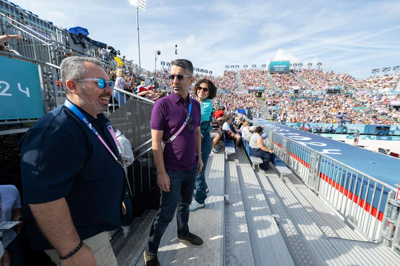 FIVB General Director Fabio Azevedo also former Olympic champion (sports shooting) Abhinav Bindra at Paris 2024 Beach Volleyball