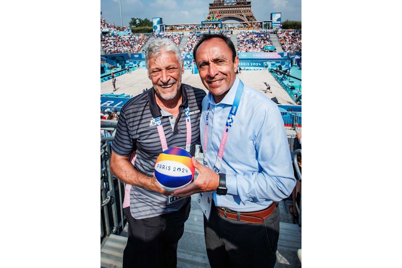 Chile Sports Minister Jaime Pizarro and CSV President Tullio Teixeria at Paris 2024 Beach Volleyball