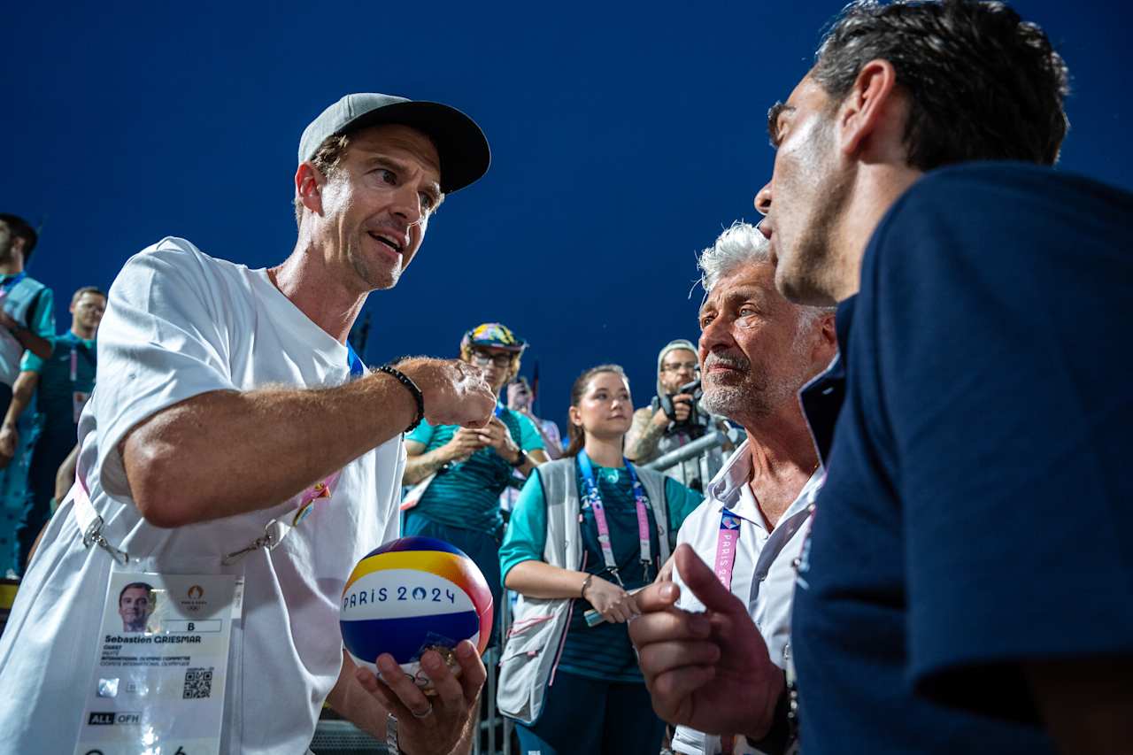 Sebastien Griesmar, director of Lausanne, the Olympic Capital and FIVB Athlete Ambassador Giba at Paris 2024 Beach Volleyball