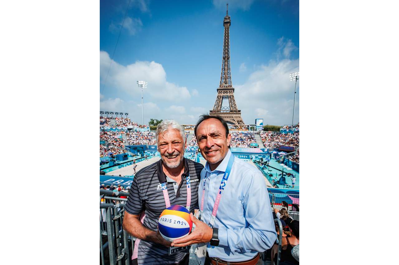 Chile Sports Minister Jaime Pizarro and CSV President Tullio Teixeria at Paris 2024 Beach Volleyball