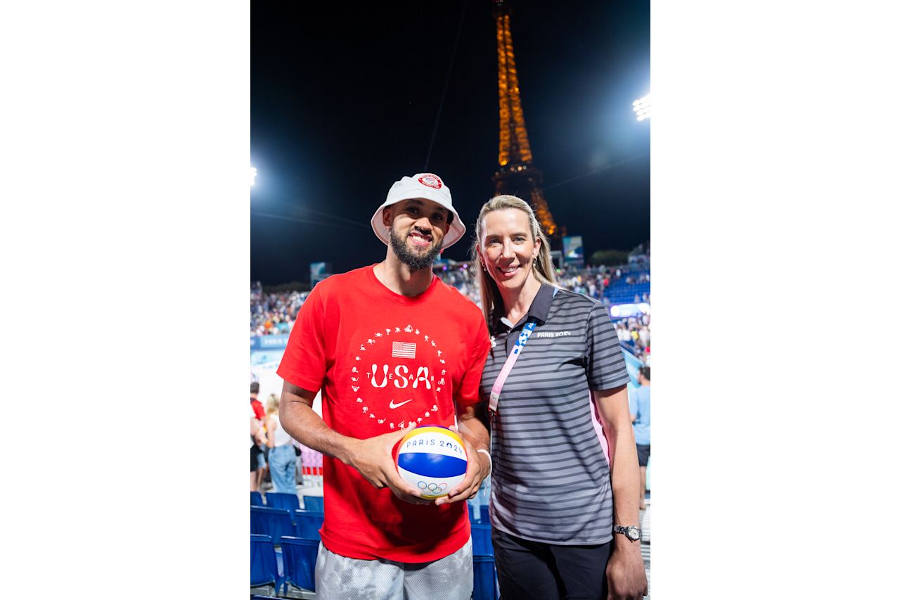 Team USA’s Derrick White and FIVB Athlete Ambassador and two-time Olympian, Louise Bawden at Paris 2024 Beach Volleyball