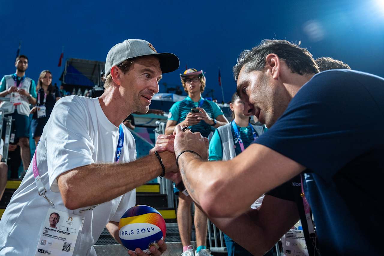 Sebastien Griesmar, director of Lausanne, the Olympic Capital and FIVB Athlete Ambassador Giba at Paris 2024 Beach Volleyball