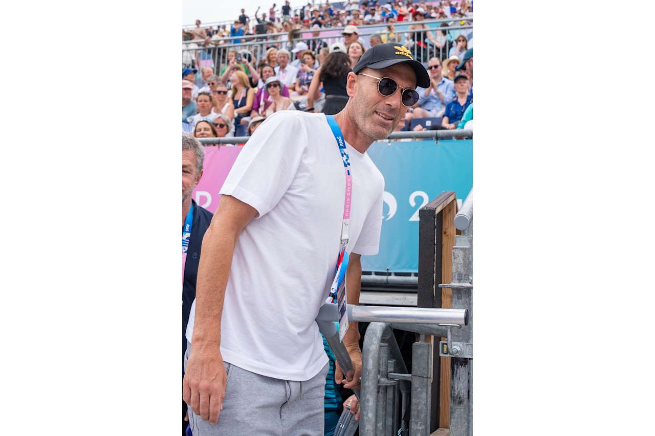 French football player Zinedine Zidane at Paris 2024 Beach Volleyball