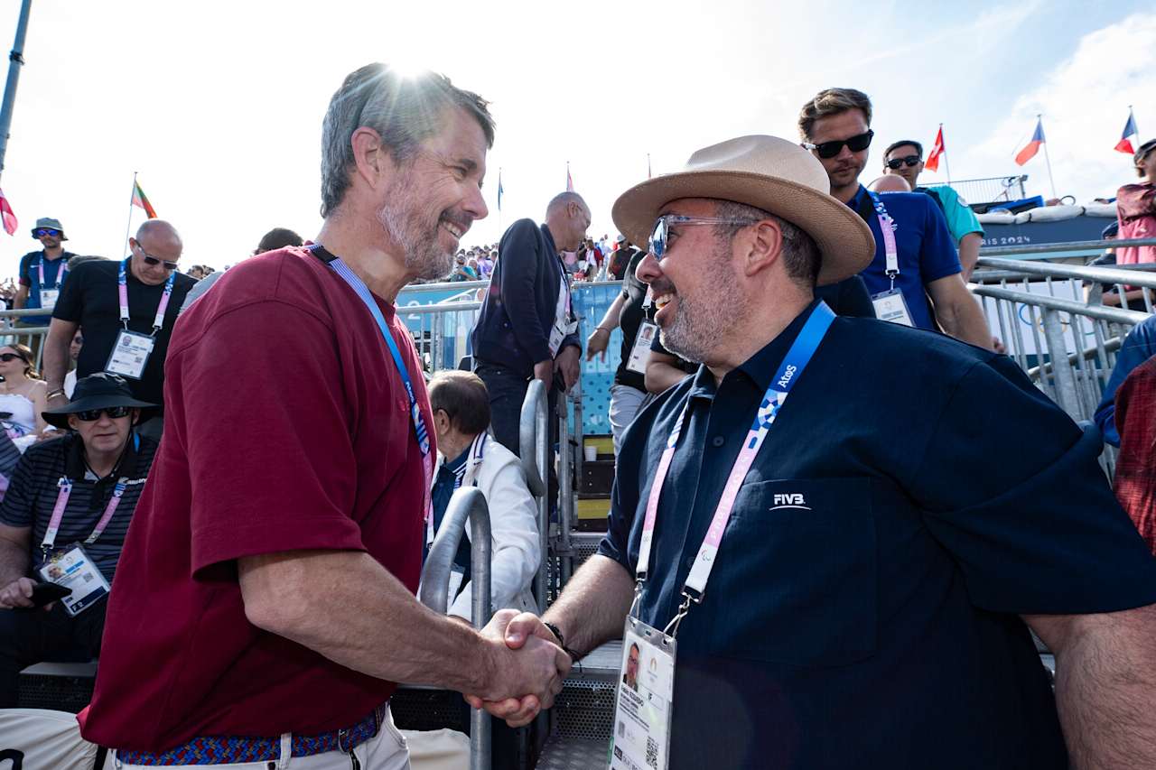 His Majesty King Frederik X of Demark and FIVB General Director Fabio Azevedo at Paris 2024 Beach Volleyball