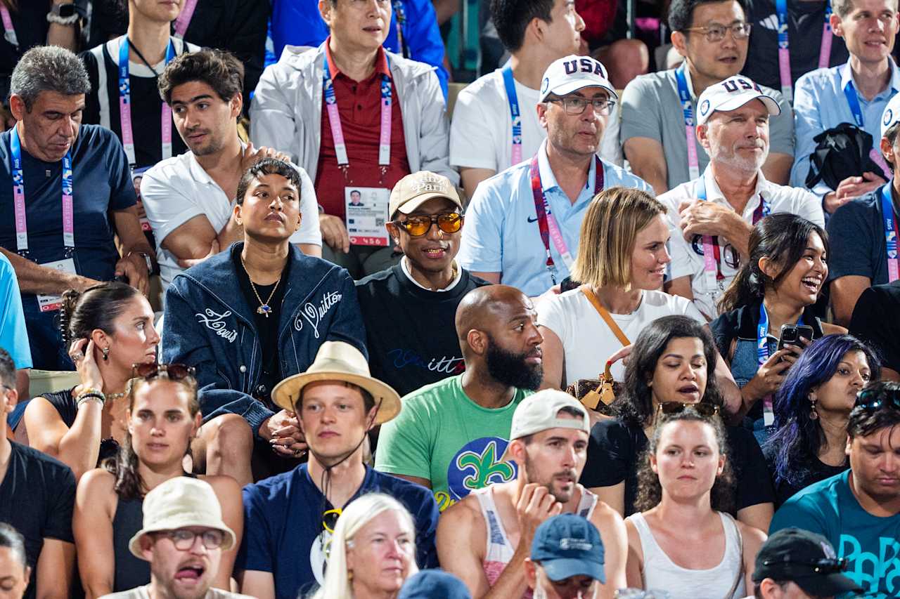 American singer, songwriter, rapper and record producer Pharrell Williams at Paris 2024 Beach Volleyball