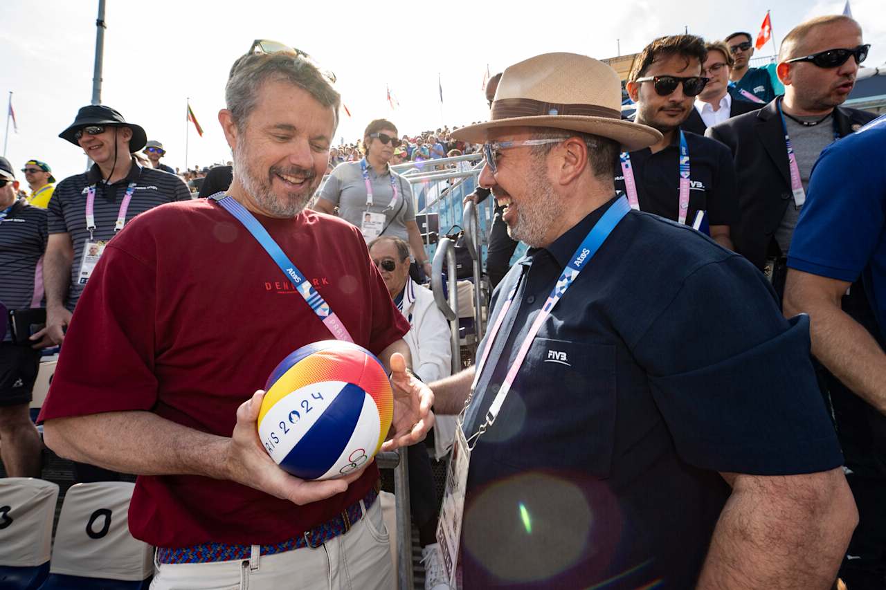 His Majesty King Frederik X of Demark and FIVB General Director Fabio Azevedo at Paris 2024 Beach Volleyball