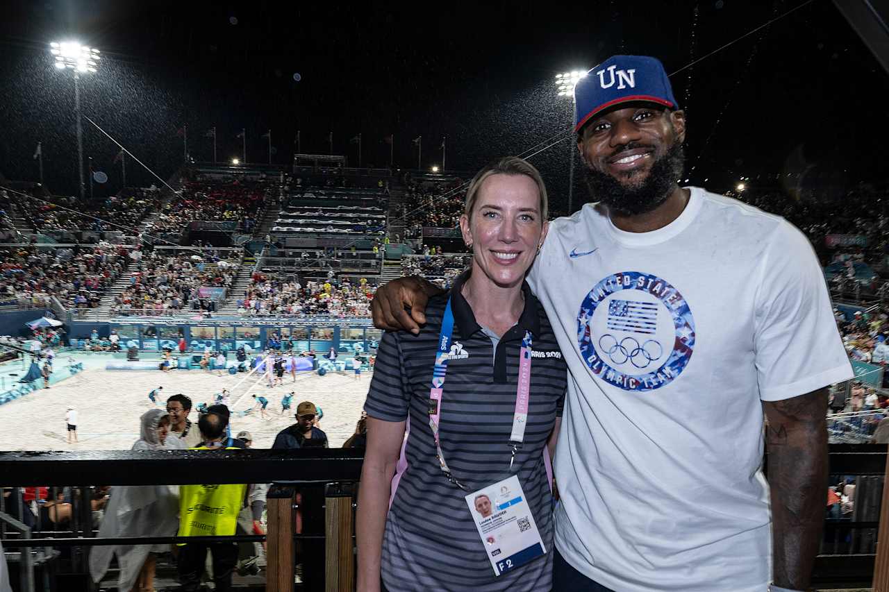 NBA legend LeBron James with FIVB Athlete Ambassador Louise Bawden at Paris 2024 Beach Volleyball