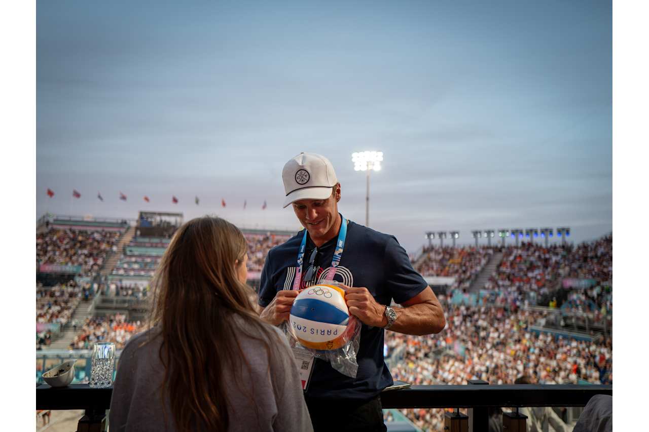 American football’s Greatest of All Time (GOAT) Tom Brady and FIVB Athlete Ambassador Madelein Mappelink  at Paris 2024 Beach Volleyball