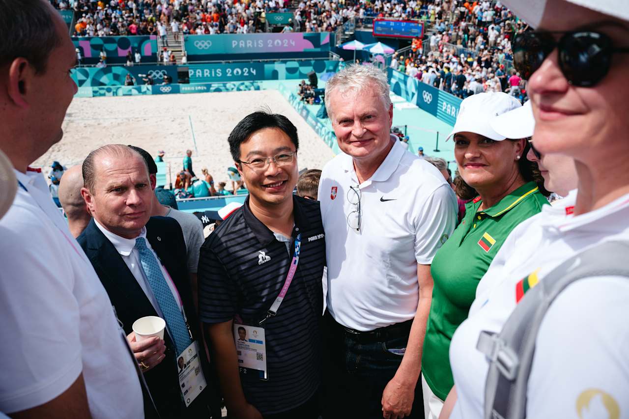 Lithuania President President Gitanas Nausėda (third from right)  at Paris 2024 Beach Volleyball