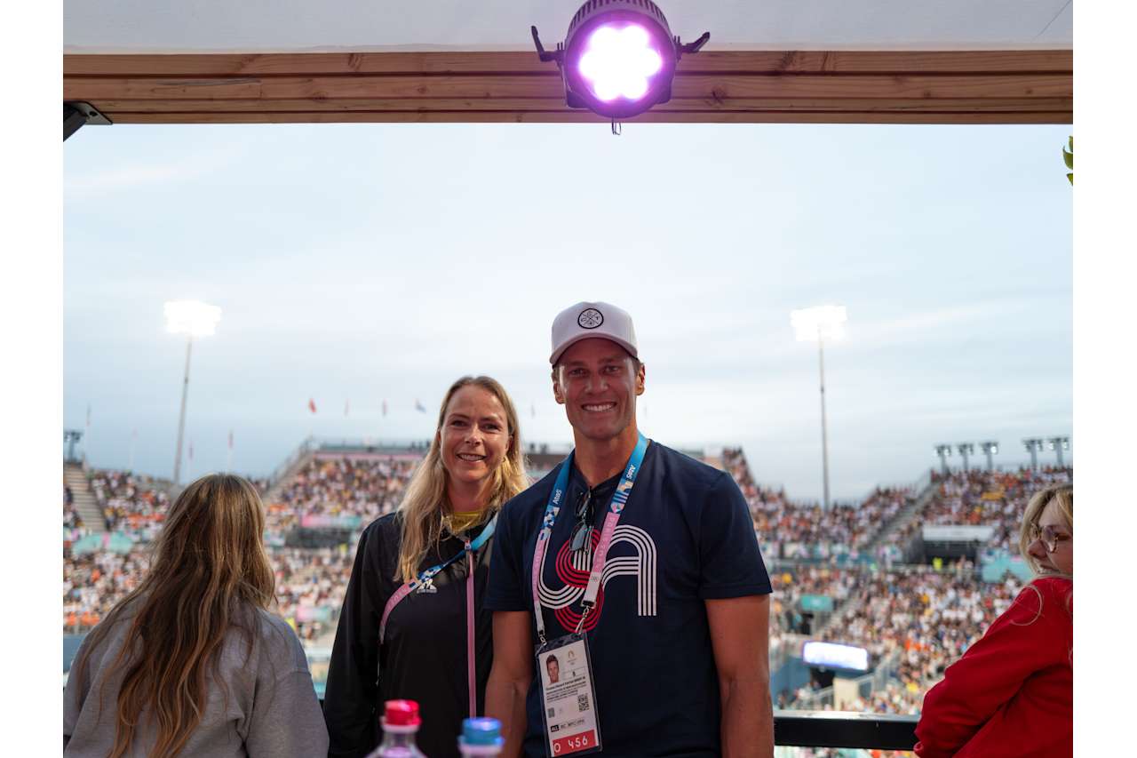 American football’s Greatest of All Time (GOAT) Tom Brady and FIVB Athlete Ambassador Madelein Mappelink  at Paris 2024 Beach Volleyball