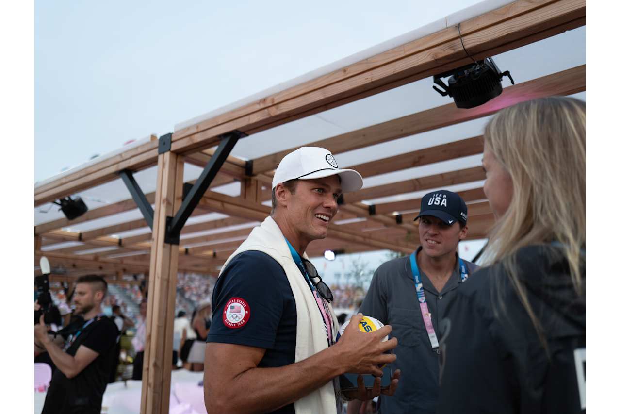 American football’s Greatest of All Time (GOAT) Tom Brady and FIVB Athlete Ambassador Madelein Mappelink  at Paris 2024 Beach Volleyball