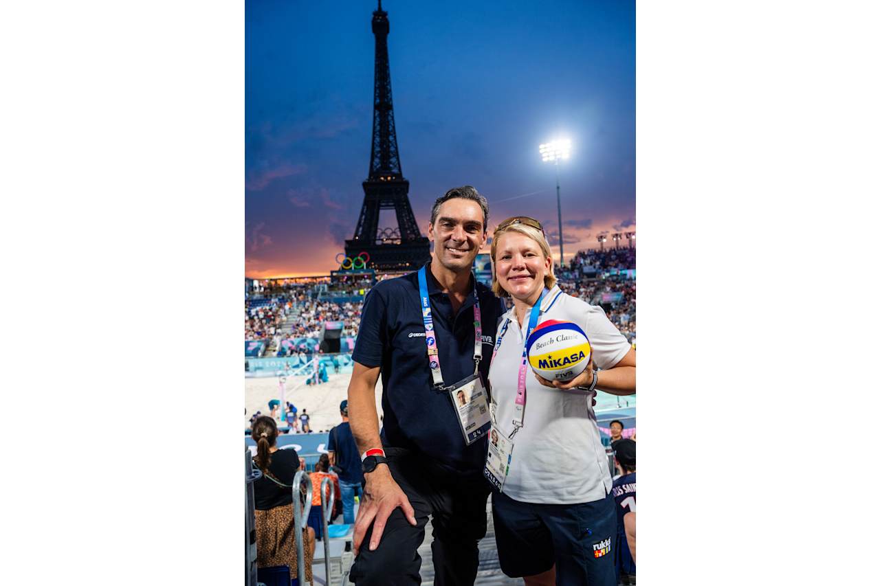 Emma Terho, Chair of the IOC Athletes' Commission and a former ice hockey player from Finland with FIVB Athlete Ambassador Giba at Paris 2024 Beach Volleyball