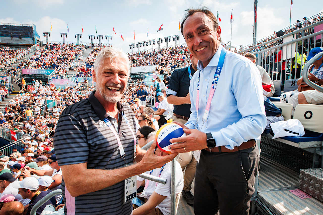 Chile Sports Minister Jaime Pizarro and CSV President Tullio Teixeria at Paris 2024 Beach Volleyball