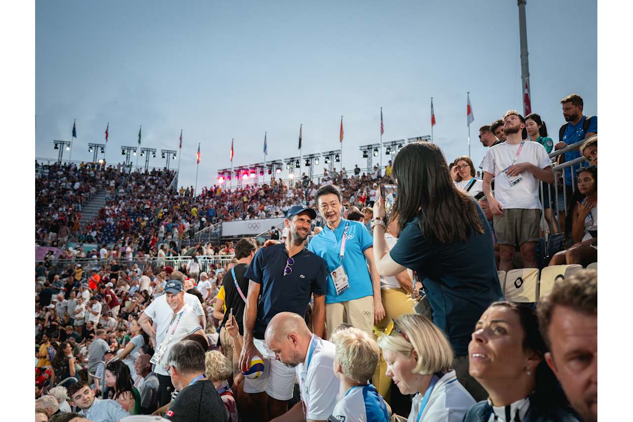 Serbian tennis player Novak Djokovic at Paris 2024 Beach Volleyball