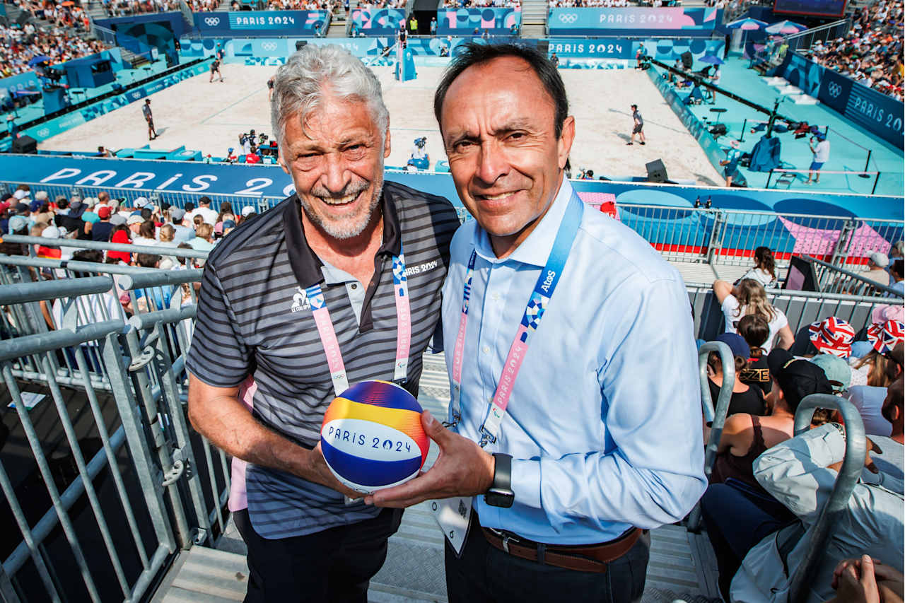 Chile Sports Minister Jaime Pizarro and CSV President Tullio Teixeria at Paris 2024 Beach Volleyball