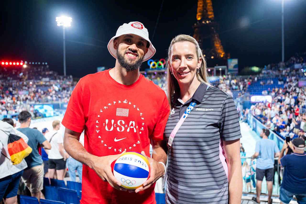 Team USA’s Derrick White and FIVB Athlete Ambassador and two-time Olympian, Louise Bawden at Paris 2024 Beach Volleyball