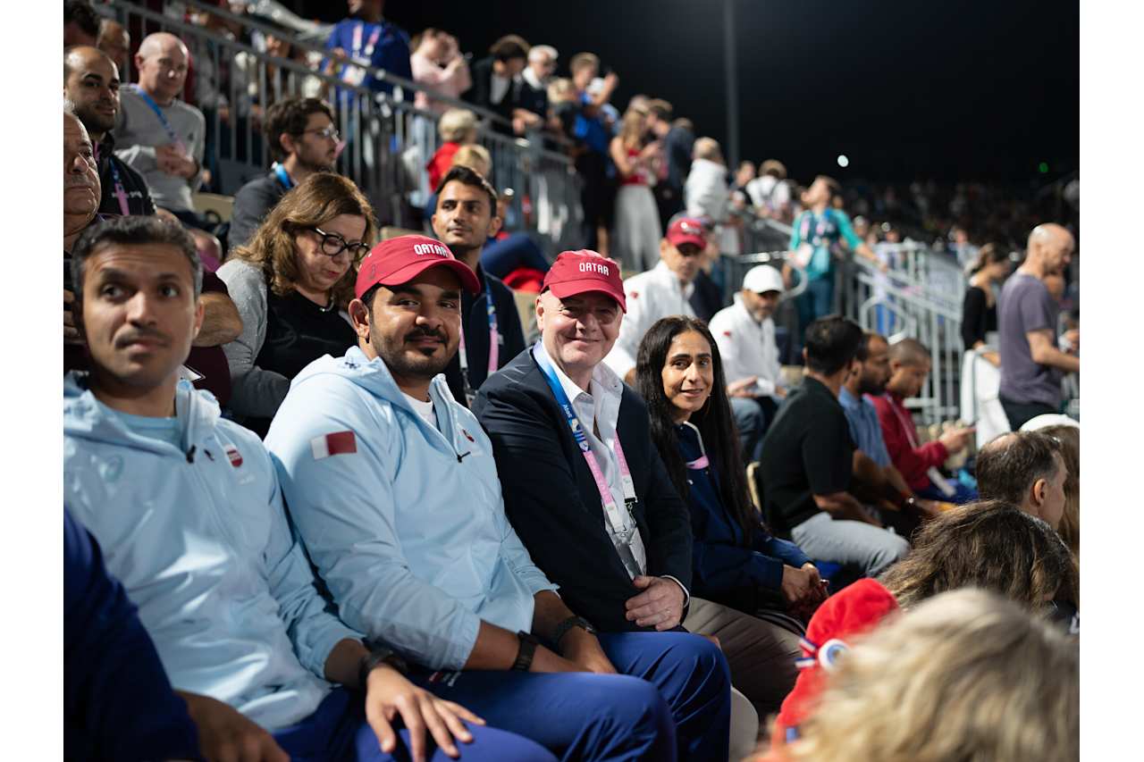 QOC President HE Sheikh Joaan (second from left) with FIFA President Gianni Infantino at Paris 2024 Beach Volleyball