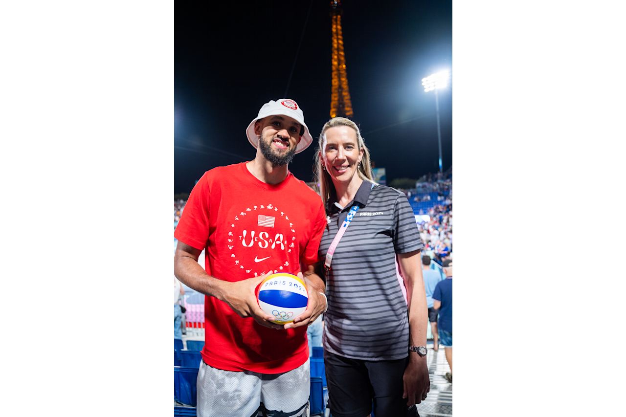 Team USA’s Derrick White and FIVB Athlete Ambassador and two-time Olympian, Louise Bawden at Paris 2024 Beach Volleyball