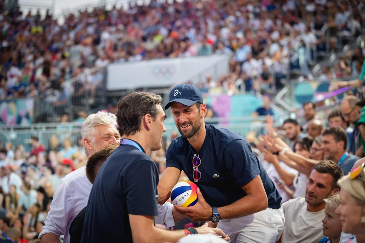 Serbian tennis player Novak Djokovic at Paris 2024 Beach Volleyball