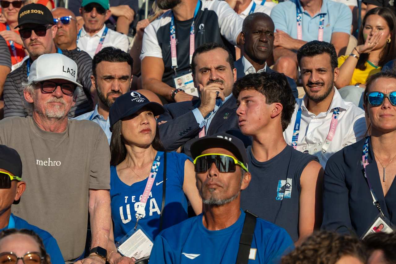 The Saudi Olympic & Paralympic Committee (SOPC) delegation with SOPC President HRH Prince Abdulaziz bin Turki bin Faisal Al-Saud, Vice President HH Prince Fahad Bin Jalawi Al Saud and Secretary General Abdulaziz Baeshen at Paris 2024 Beach Volleyball