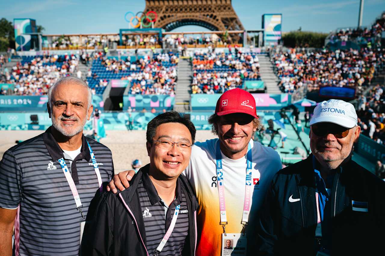 Estonian President Alar Karis (right) at Paris 2024 Beach Volleyball