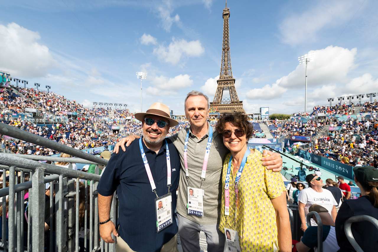 International Sport Climbing Federation (IFSC) President Marco Scolaris with FIVB General Director Fabio Azevedo at Paris 2024 Beach Volleyball