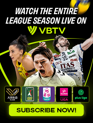 image: Three professional volleyball players and elite volleyball league logos