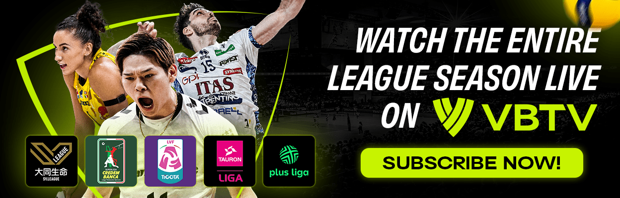 image: Three professional volleyball players and elite volleyball league logos