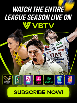 image: Three professional volleyball players and elite volleyball league logos
